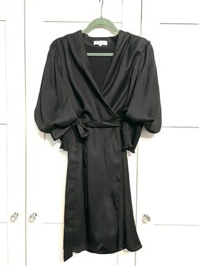 By Malina Elegant Black Wrap Dress with Optional Puff Sleeves